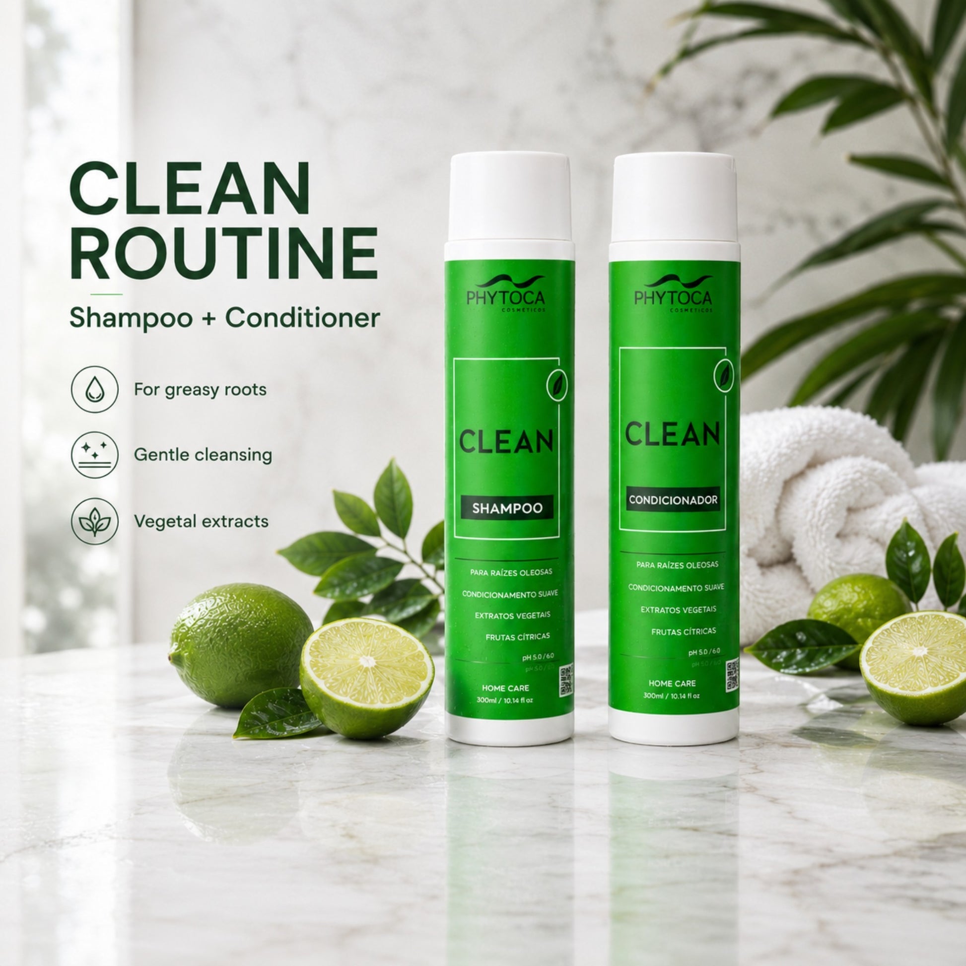 Set de Phytoca USA Clean Shampoo y Acondicionador en envases verdes con limas frescas sobre una superficie de mármol.