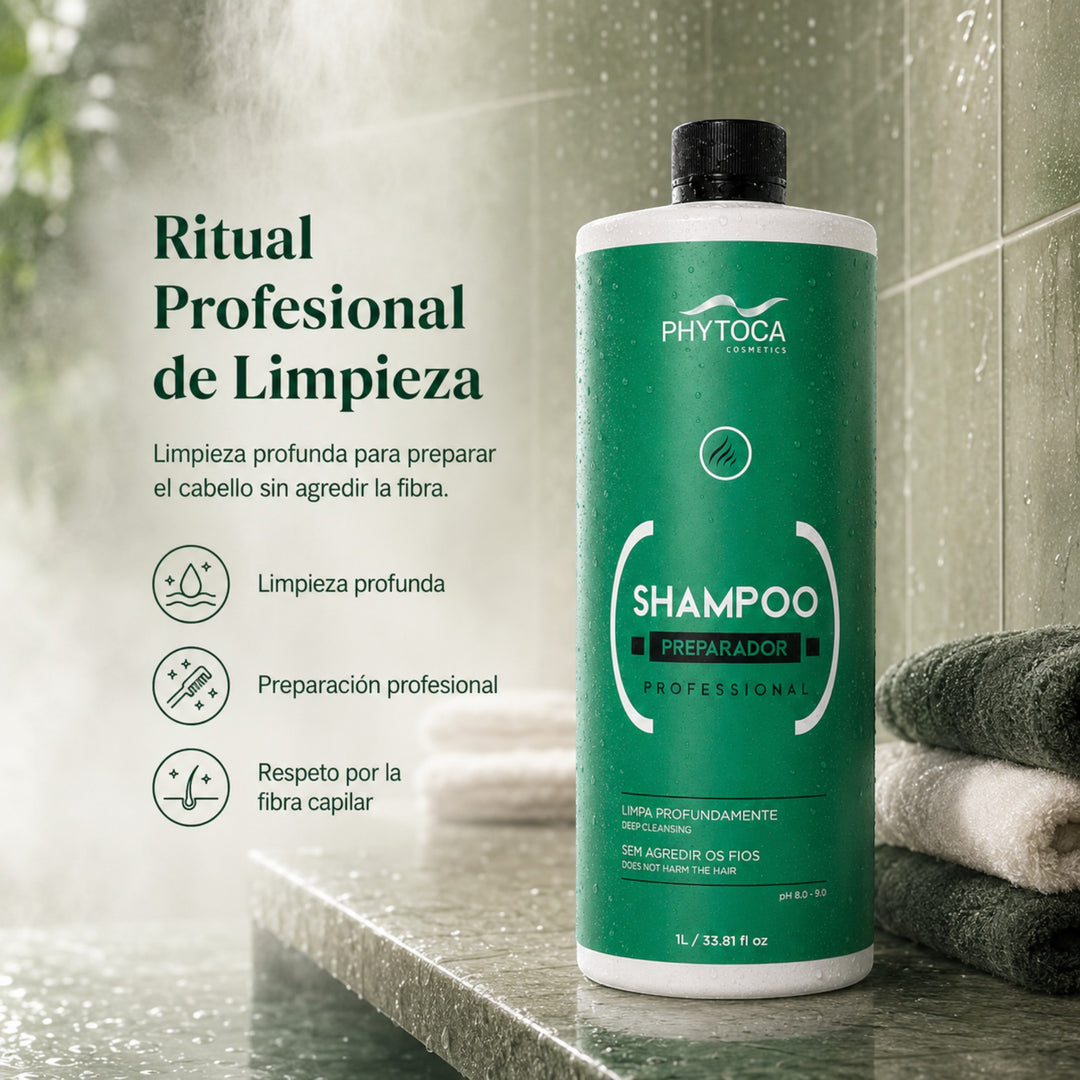 Champú de limpieza profunda Phytoca USA en envase de 1 litro sobre encimera de baño con toallas