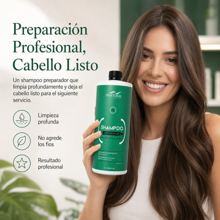 Mujer sonriente sosteniendo botella de Phytoca USA Prep Shampoo profesional de 32 oz para limpieza profunda del cabello