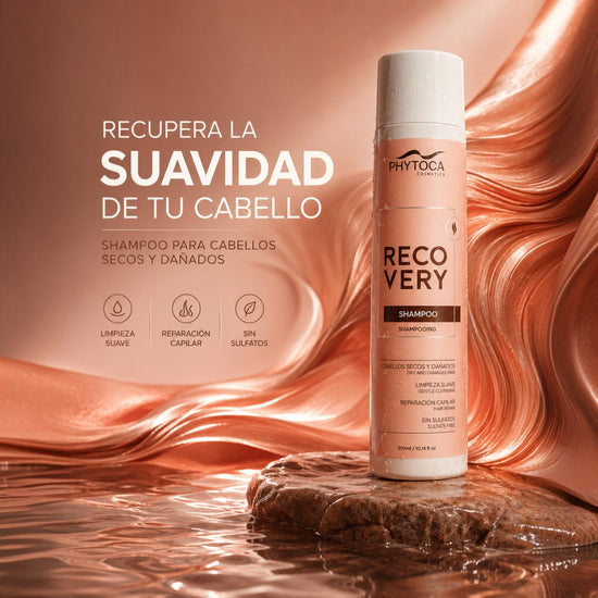 Champú Phytoca USA Recovery para cabello seco y dañado, fórmula reparadora con pantenol y vitamina D en envase rosa.