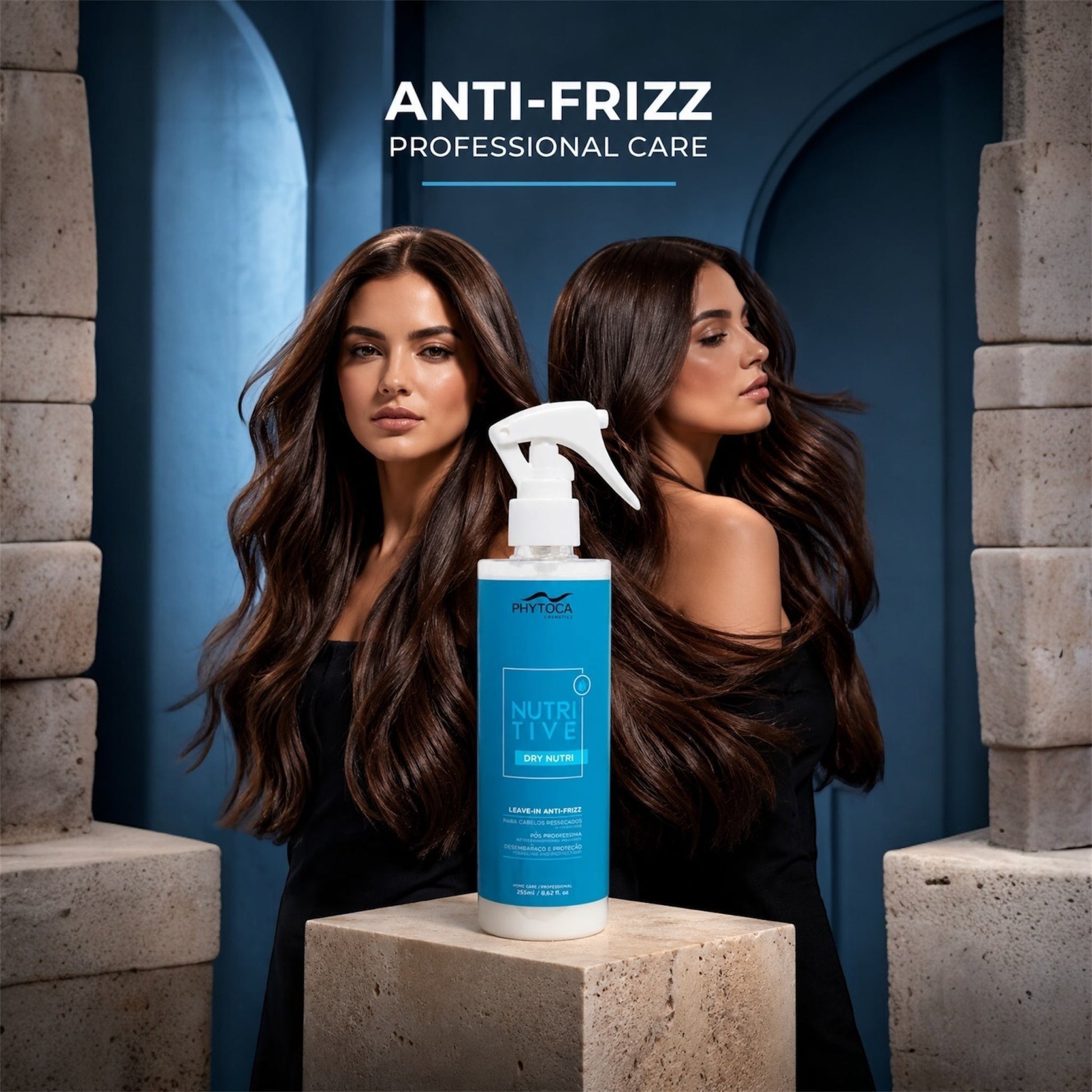 Spray leave-in Phytoca USA Nutritive Dry Nutri para cabello seco con dos modelos de cabello brillante y saludable