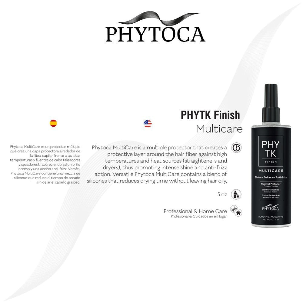 Spray protector térmico Multicare de Phytoca USA en frasco negro con atomizador para proteger el cabello del calor
