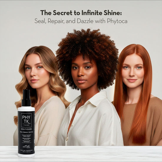 Spray protector térmico Phytoca USA Multicare junto a tres mujeres con diferentes tipos de cabello brillante y saludable