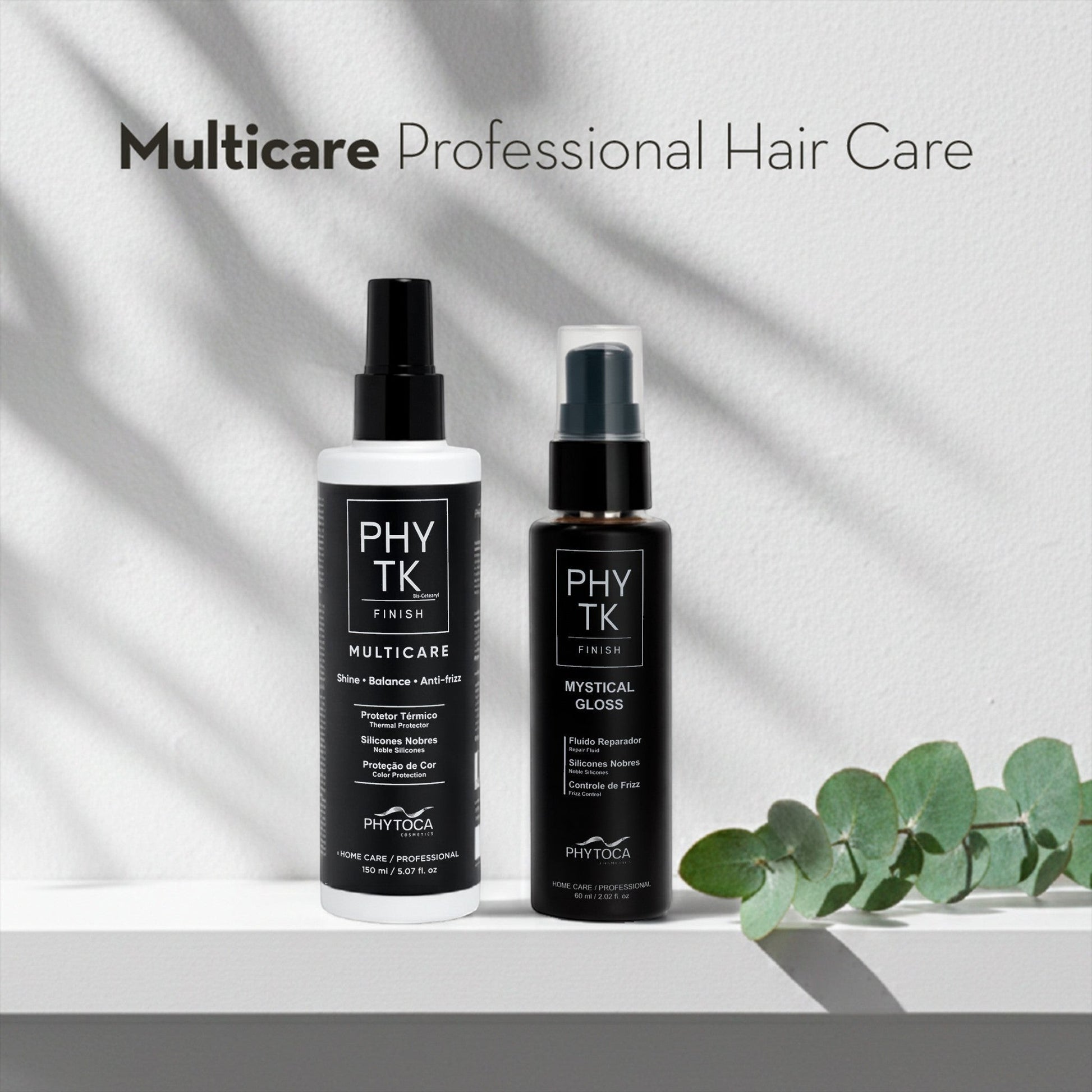 Spray protector térmico y sérum capilar Phytoca USA Multicare para un acabado profesional brillante y sin frizz.