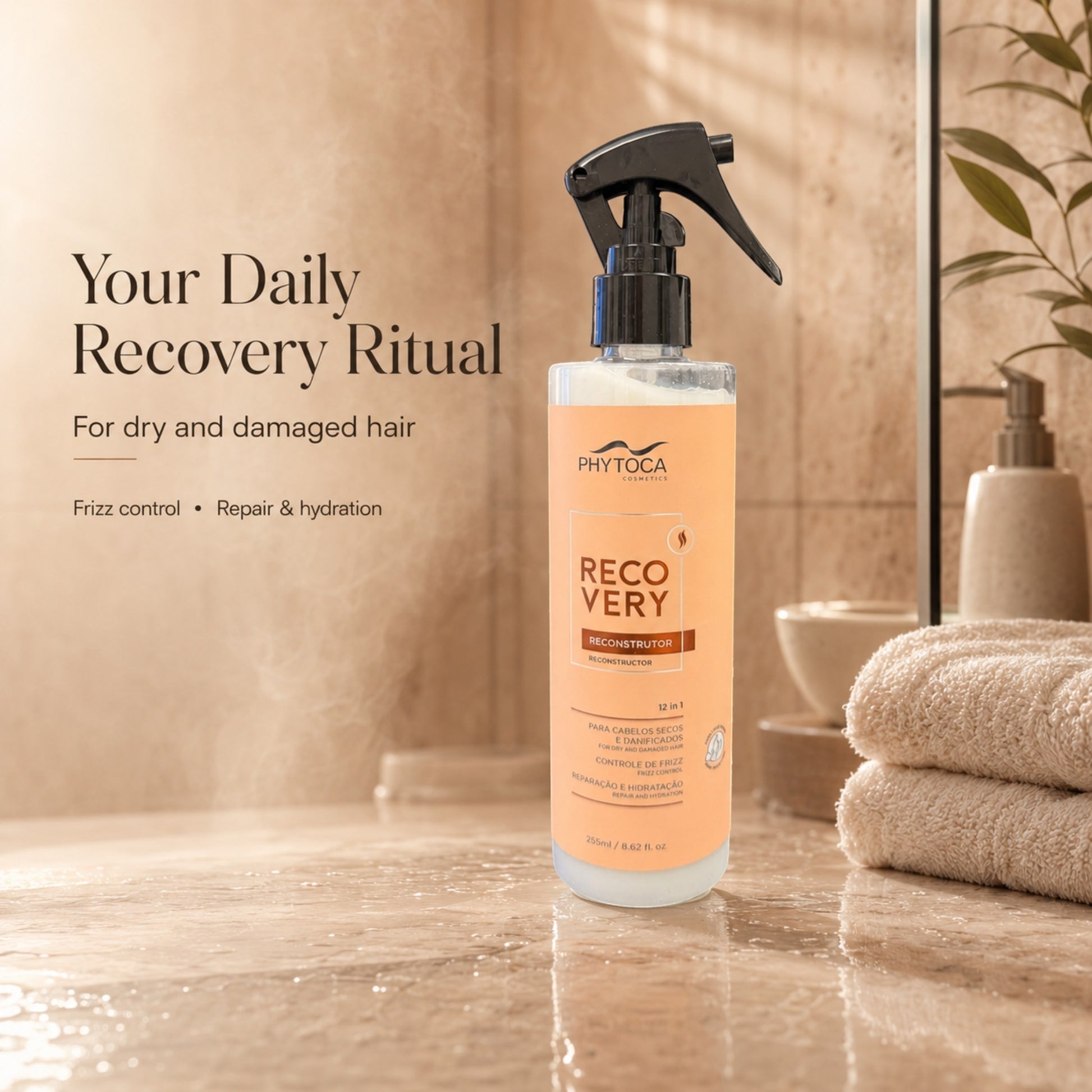 Spray Phytoca USA Recovery Reconstructor 12-en-1 para reparar cabello seco y dañado en un baño con toallas