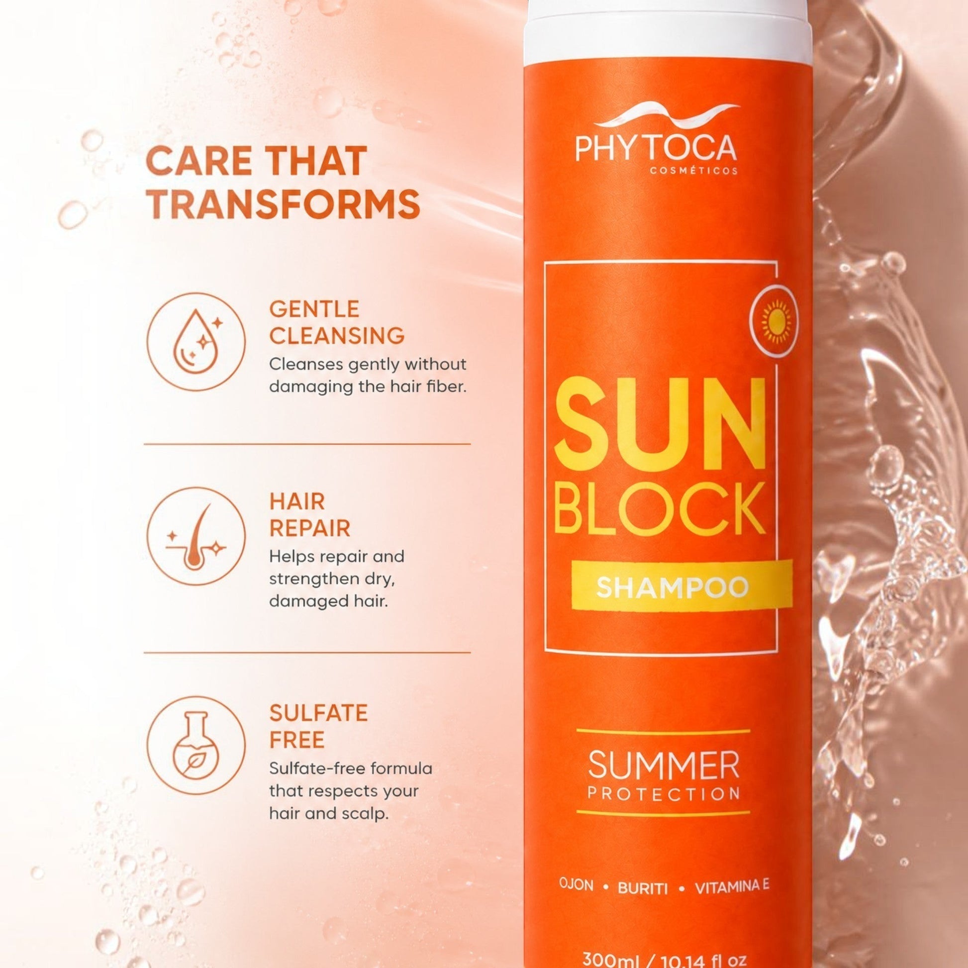 Champú Phytoca USA Sun Block en envase naranja con aceites de Ojon y Buriti para protección solar y reparación capilar