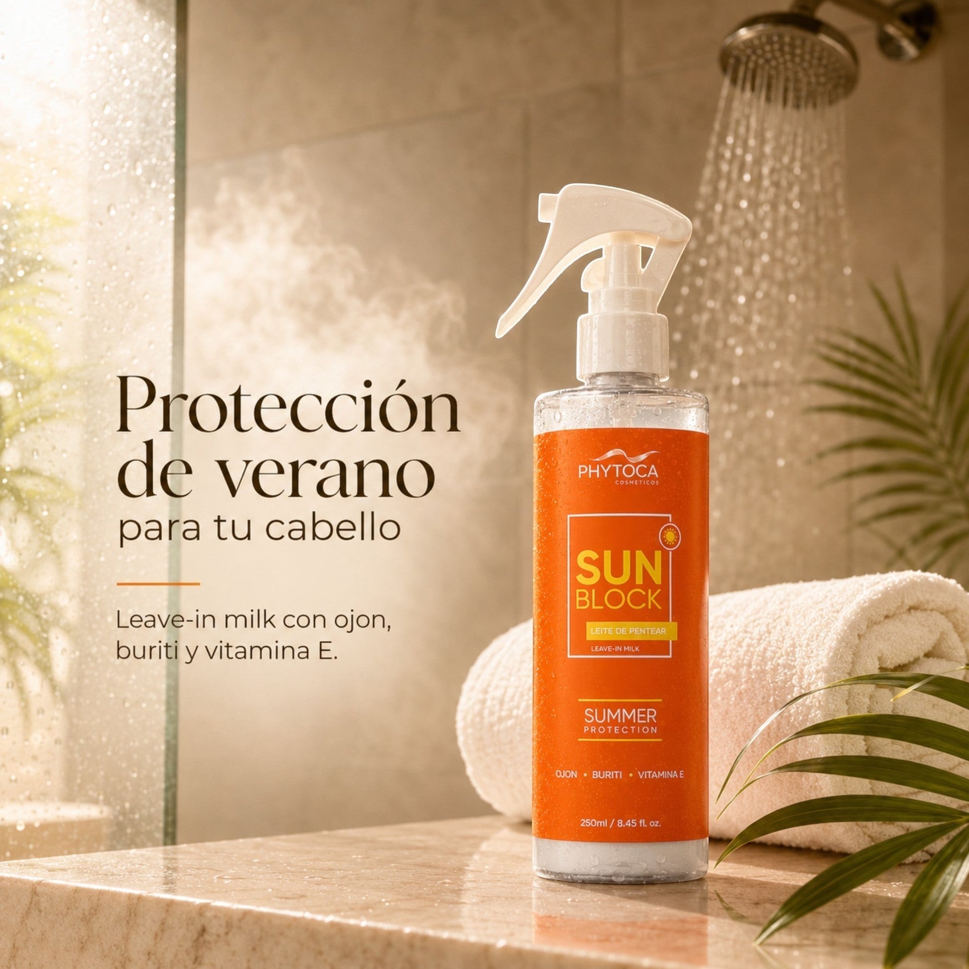 Spray Phytoca USA Sun Block Leave-in Milk con aceite de buriti y ojon para proteger el cabello del sol y el cloro