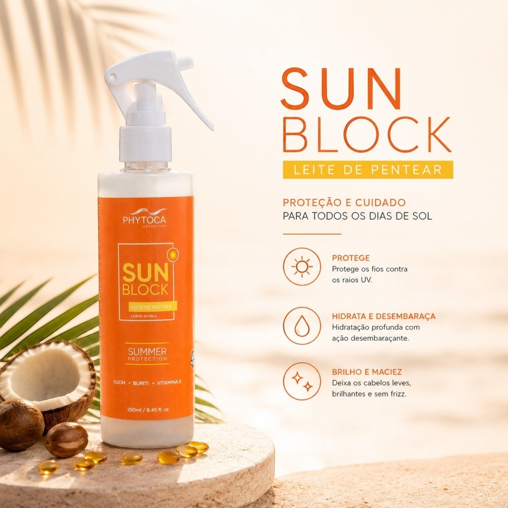 Leave-in capilar Phytoca USA Sun Block con aceites de Ojon y Buriti para proteger el cabello del sol y el cloro