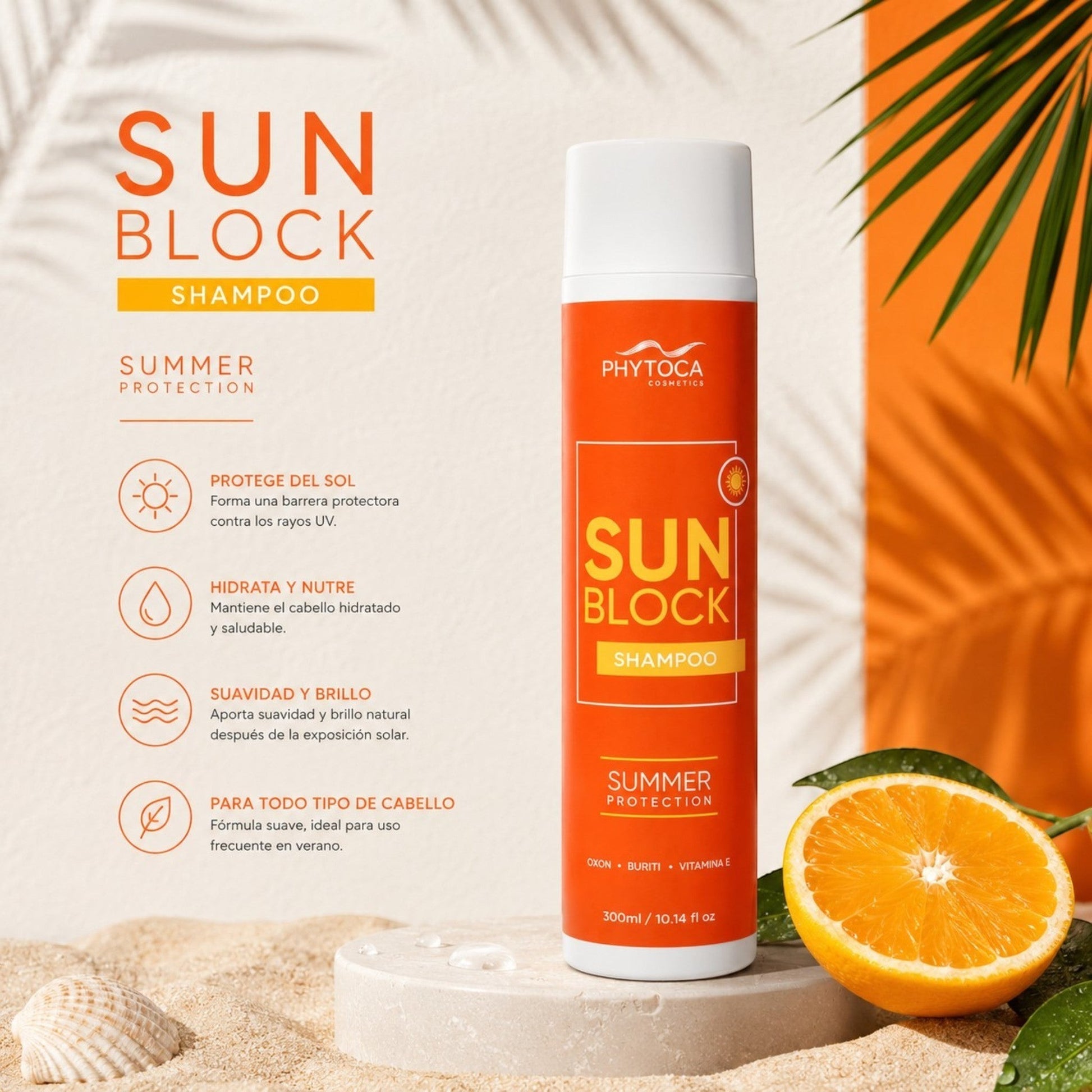Champú Phytoca USA Sun Block con aceite de buriti y ojon para protección solar y reparación capilar tras el verano