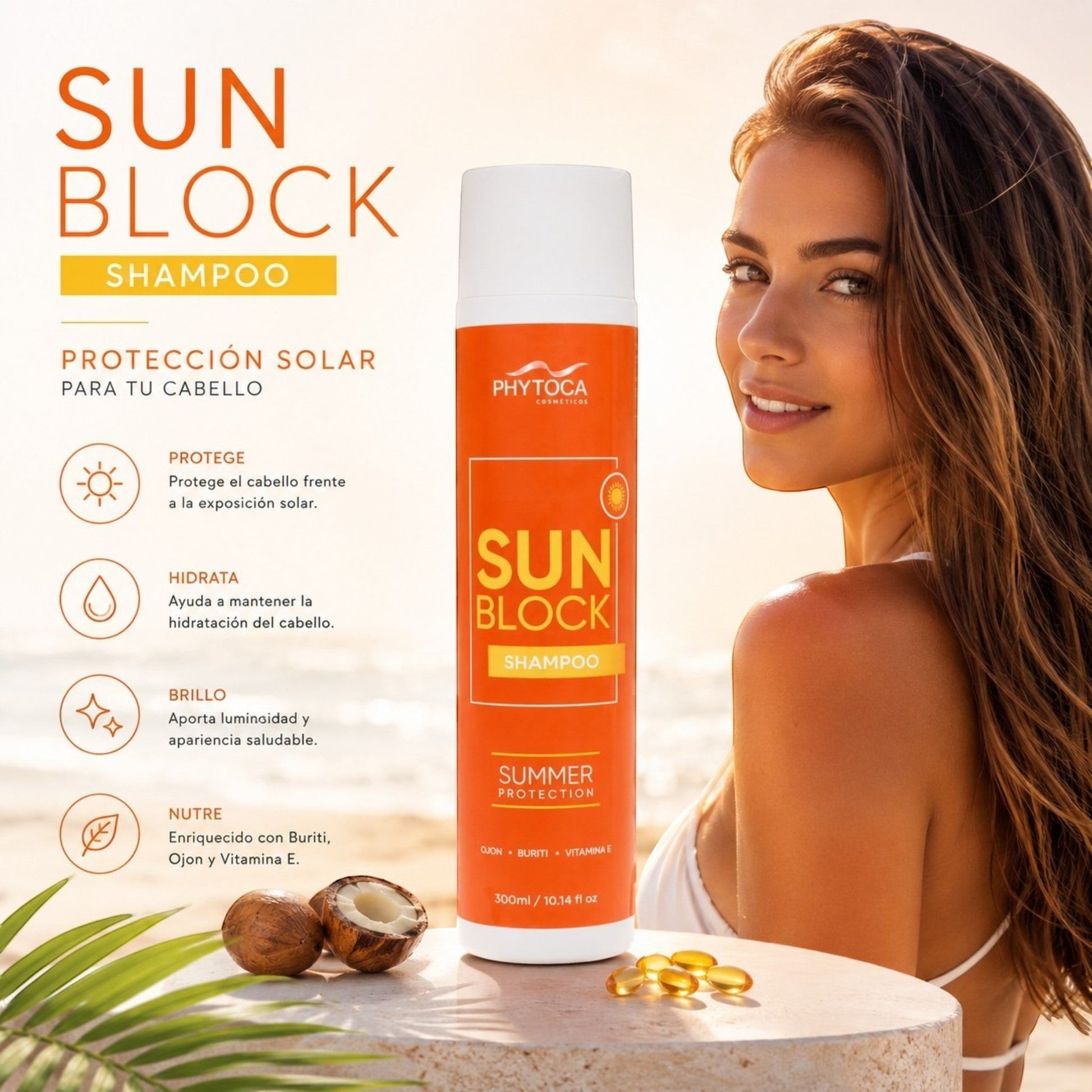 Champú Phytoca USA Sun Block en envase naranja con aceites de Ojon y Buriti para protección solar del cabello