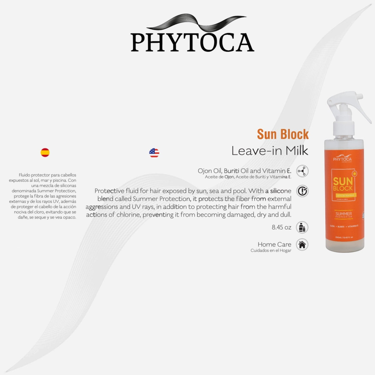 Fluido protector capilar Phytoca USA SunBlock Leave-in Milk con aceite de ojon y vitamina E para proteger del sol