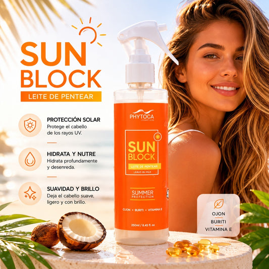 Leche capilar Phytoca USA SunBlock con aceite de ojon y buriti para proteger el cabello del sol, mar y piscina.