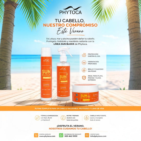 Set de productos capilares Phytoca USA SunBlock con champú, spray y mascarilla para proteger el cabello del sol