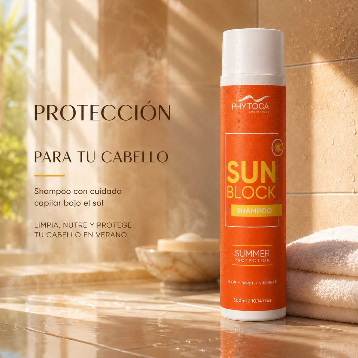 Champú Phytoca USA SunBlock en envase naranja, protector solar para cabello con aceite de buriti y ojon en un baño