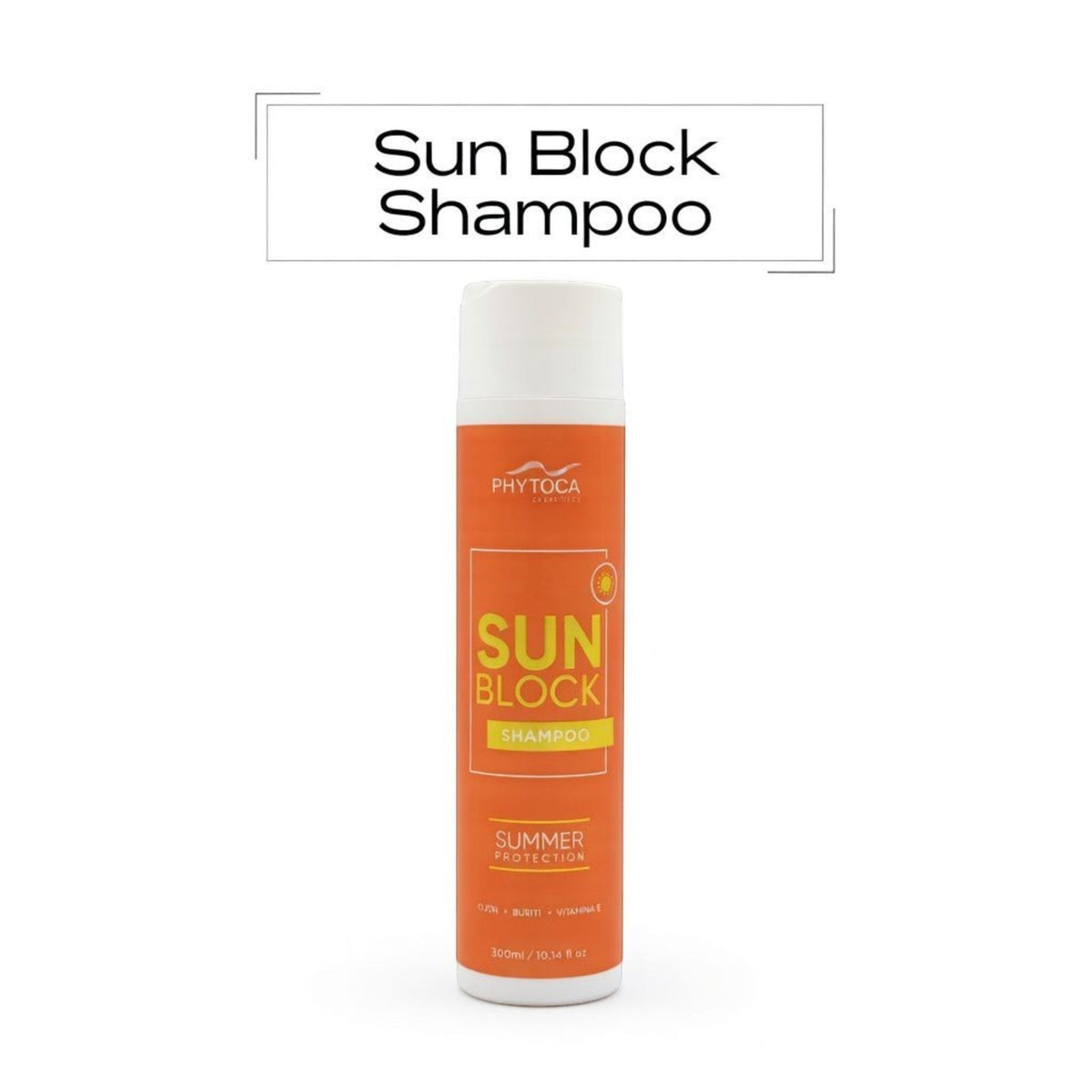 Champú Phytoca USA SunBlock de 300ml en envase naranja, protector solar para el cabello con aceites de Ojon y Buriti
