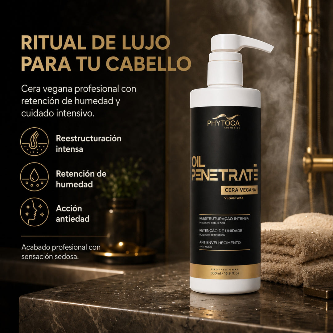 Tratamiento capilar Phytoca USA Oil Penetrate con cera vegana en envase de 500ml sobre encimera de mármol con vapor
