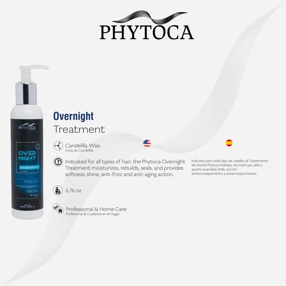 Tratamiento capilar nocturno Phytoca USA en envase con dosificador para hidratar, reparar y dar brillo al cabello