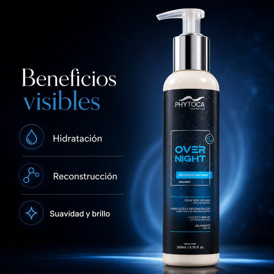 Tratamiento capilar nocturno Phytoca USA en envase con dosificador para hidratación, reparación y brillo vegano.