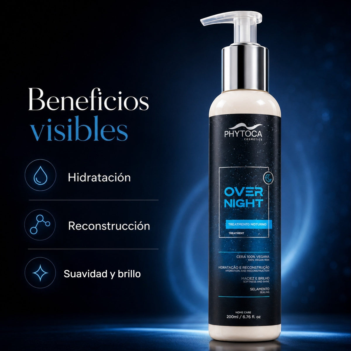 Tratamiento capilar nocturno Phytoca USA en envase con dosificador para hidratación, reparación y brillo vegano.
