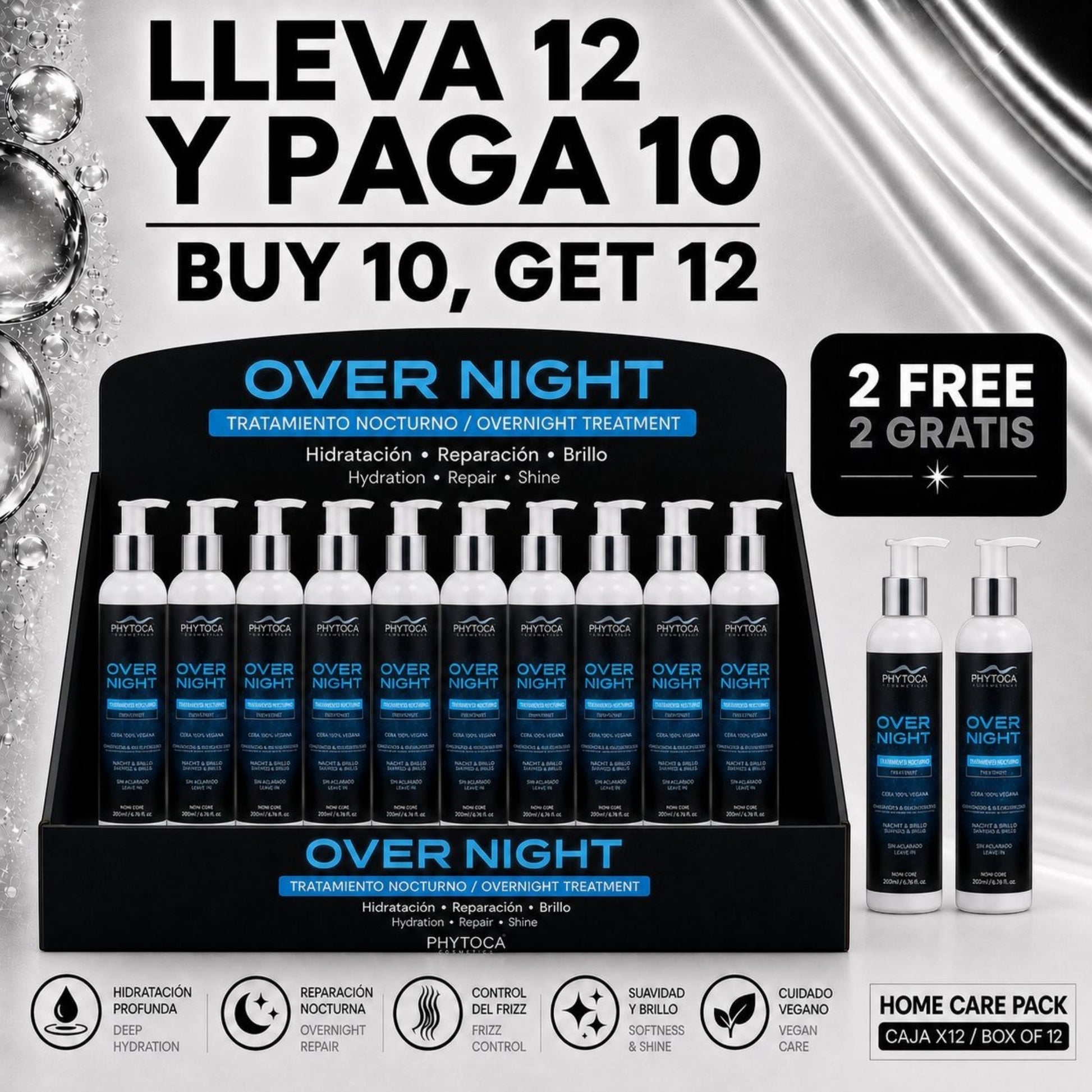 Pack de 12 tratamientos capilares nocturnos Phytoca USA con fórmula vegana para hidratación, brillo y control de frizz