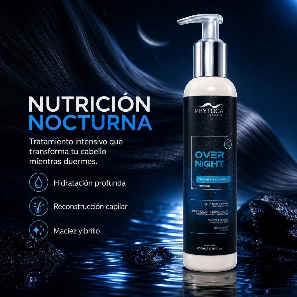 Tratamiento capilar nocturno Phytoca USA en envase con dosificador sobre fondo oscuro con efecto de brillo y nutrición.