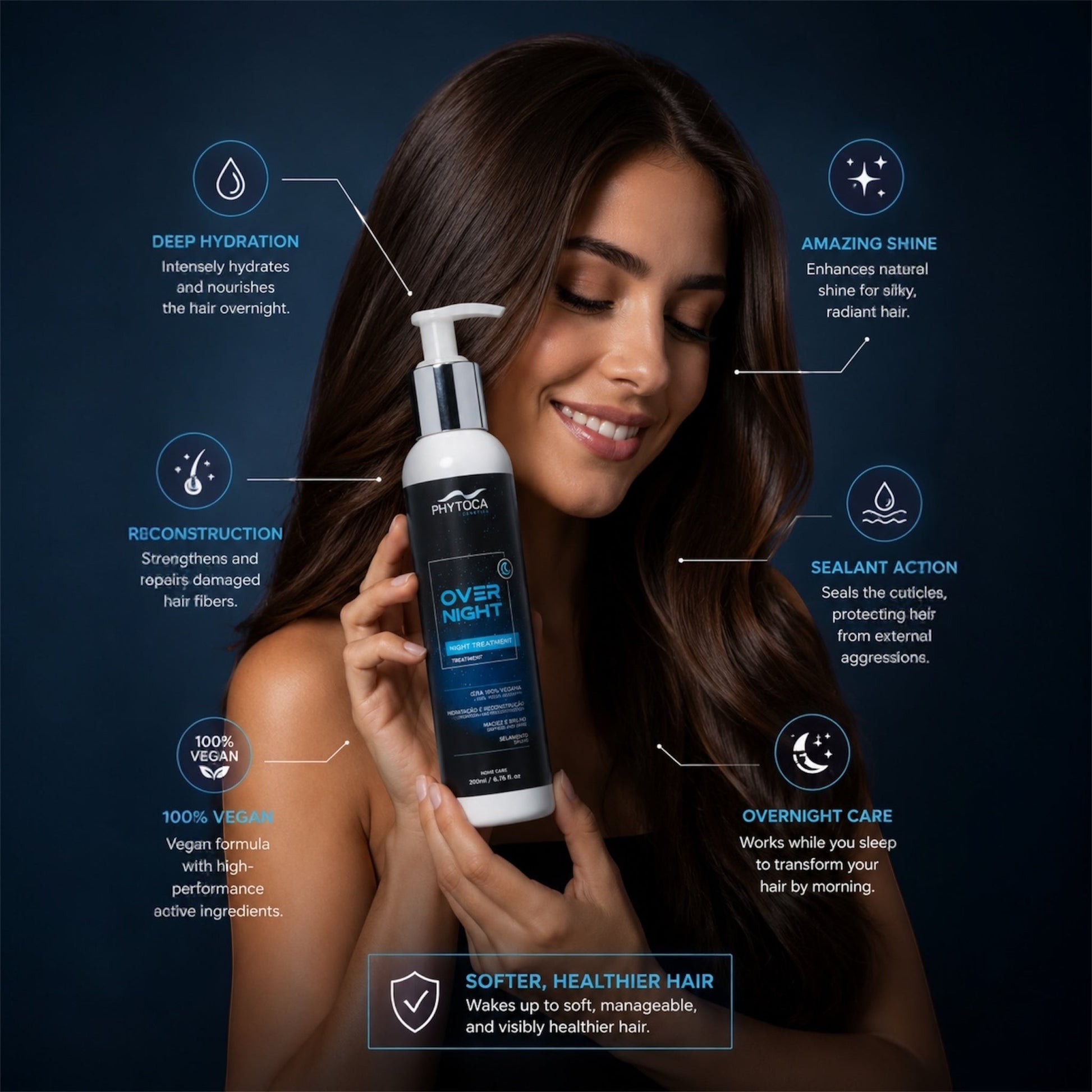Mujer sonriente sosteniendo el tratamiento capilar nocturno Phytoca USA con beneficios de hidratación y brillo