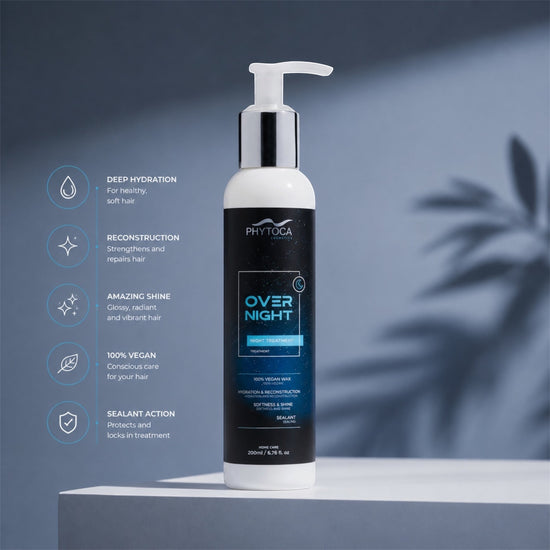 Tratamiento capilar nocturno Phytoca USA en frasco con dosificador, fórmula vegana para hidratación, brillo y reparación.