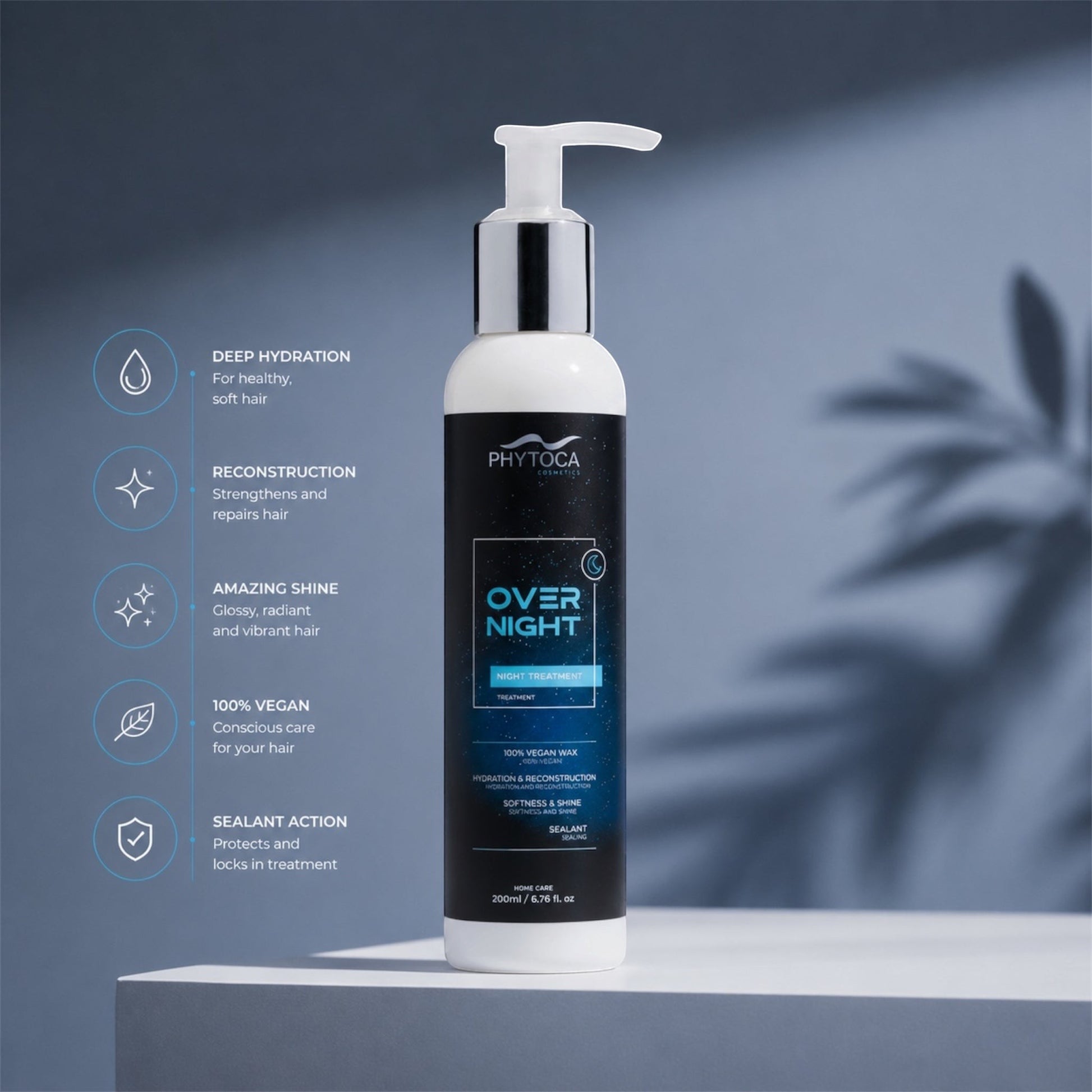 Tratamiento capilar nocturno Phytoca USA en frasco con dosificador, fórmula vegana para hidratación, brillo y reparación.