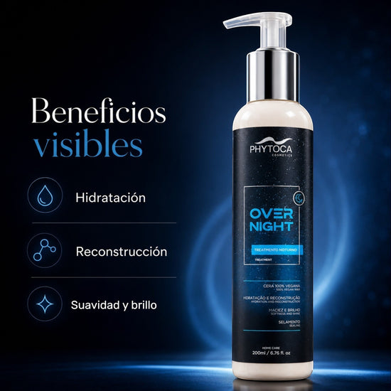 Tratamiento capilar nocturno Phytoca USA en envase con dosificador para hidratación, brillo y reparación vegana.