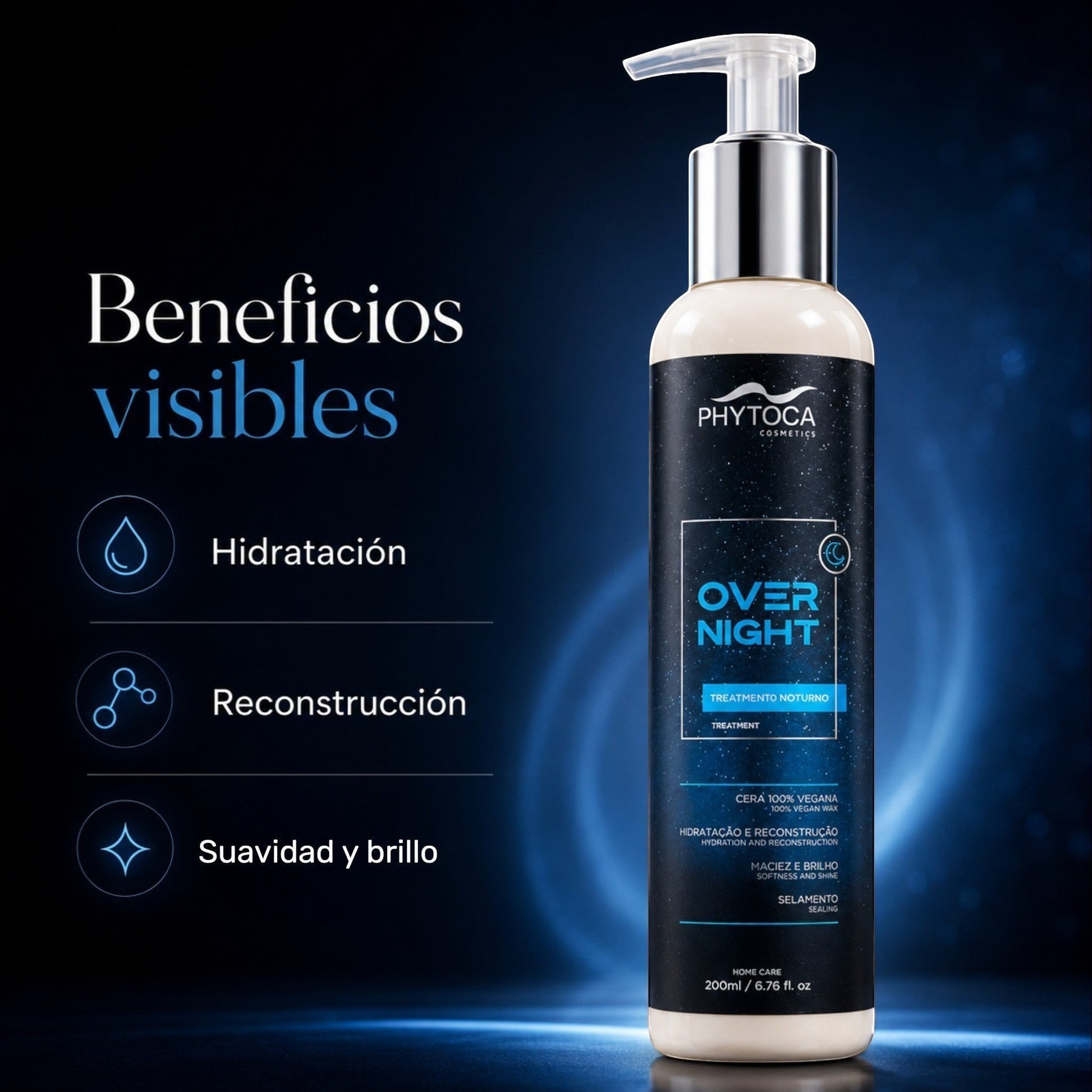 Tratamiento capilar nocturno Phytoca USA en envase con dosificador para hidratación, brillo y reparación vegana.