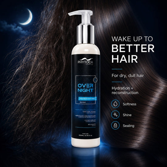 Tratamiento capilar nocturno Phytoca USA en envase con dosificador sobre fondo oscuro con cabello brillante y luna