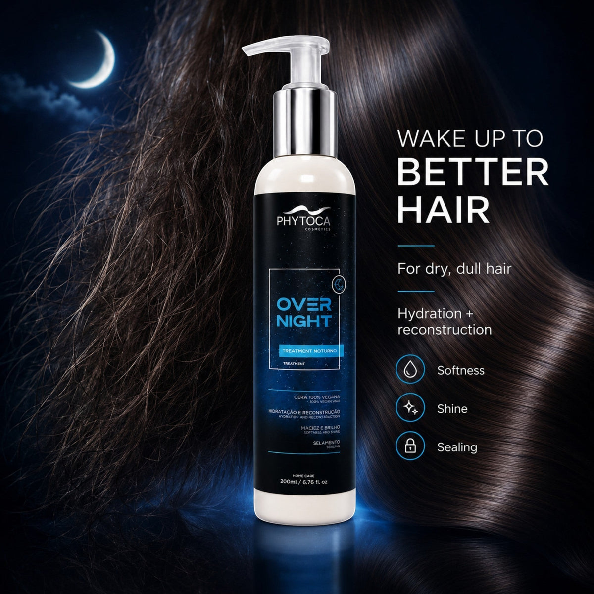 Tratamiento capilar nocturno Phytoca USA en envase con dosificador sobre fondo oscuro con cabello brillante y luna