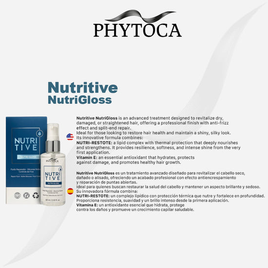 Tratamiento capilar Phytoca USA Nutritive NutriGloss en envase de 60ml para reparar puntas y eliminar el frizz