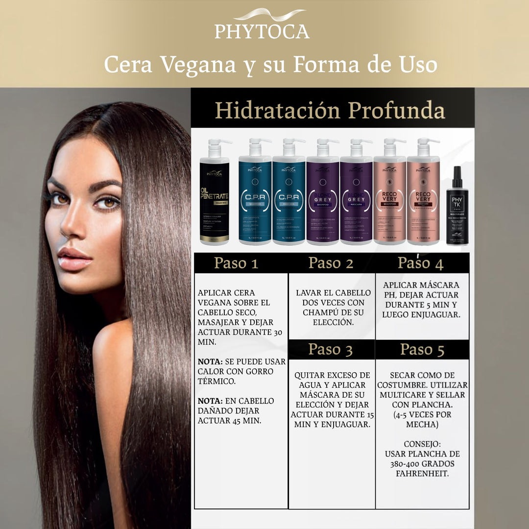 Infografía de Phytoca USA que muestra el tratamiento capilar Oil Penetrate con cera vegana y pasos de aplicación