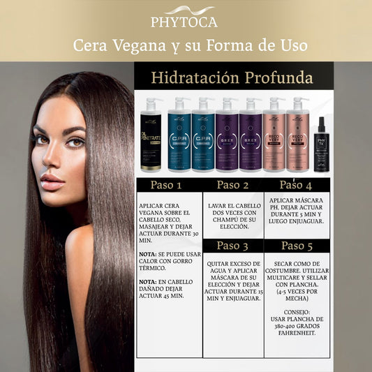 Infografía de Phytoca USA que muestra el tratamiento capilar Oil Penetrate con cera vegana y pasos de aplicación