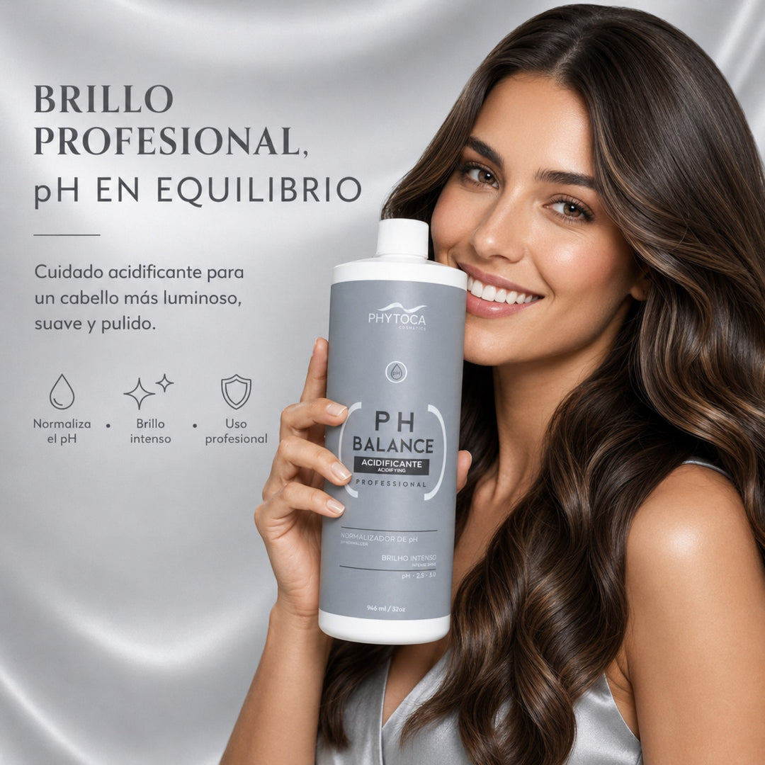 Mujer sonriente sosteniendo el tratamiento capilar Phytoca USA PH Balance para un cabello brillante y equilibrado