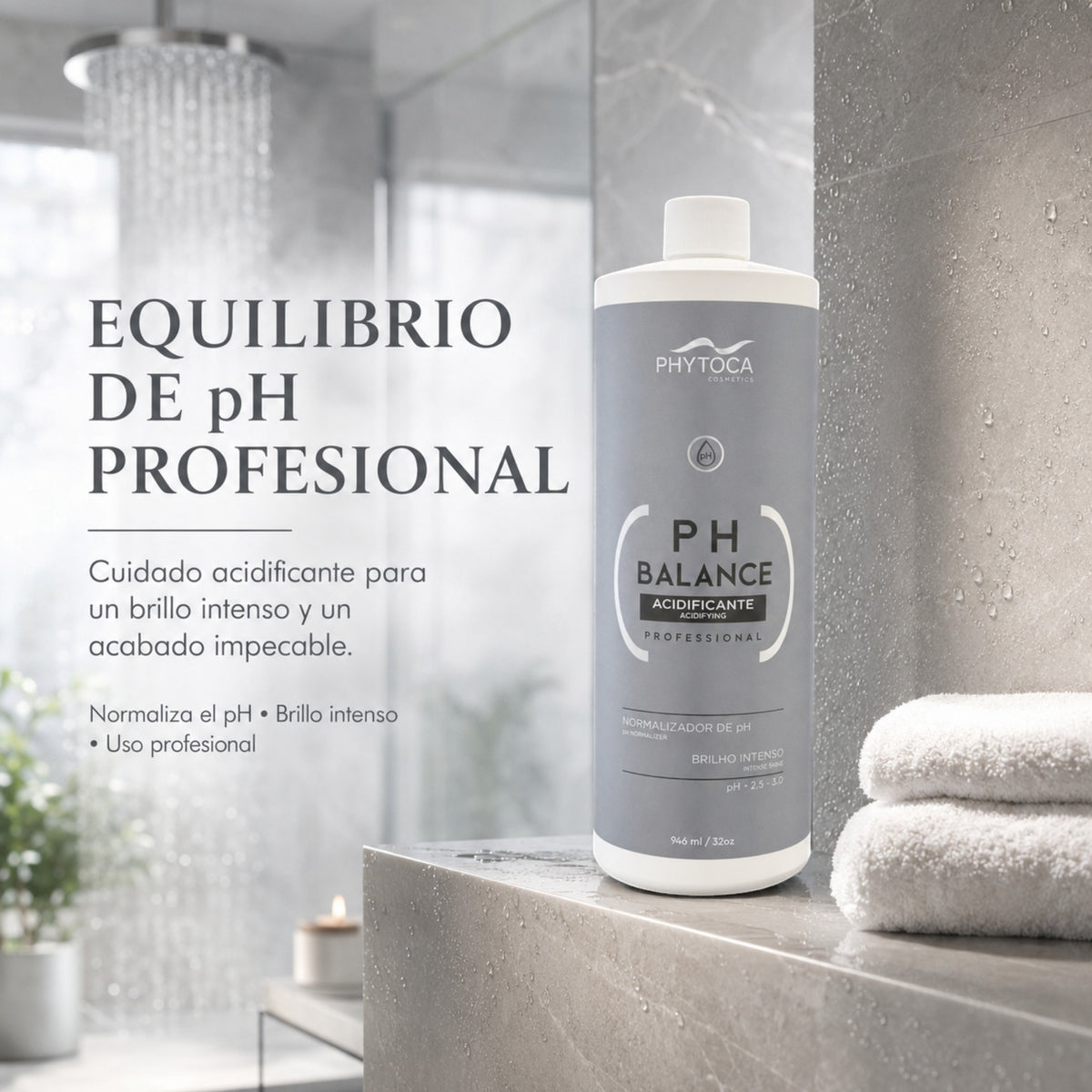 Tratamiento capilar Phytoca USA PH Balance en botella gris de 946 ml sobre encimera de baño con toallas blancas.