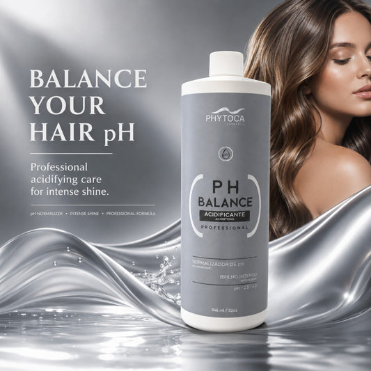 Tratamiento capilar Phytoca USA PH Balance en botella gris con mujer de cabello brillante y fondo de ondas plateadas.