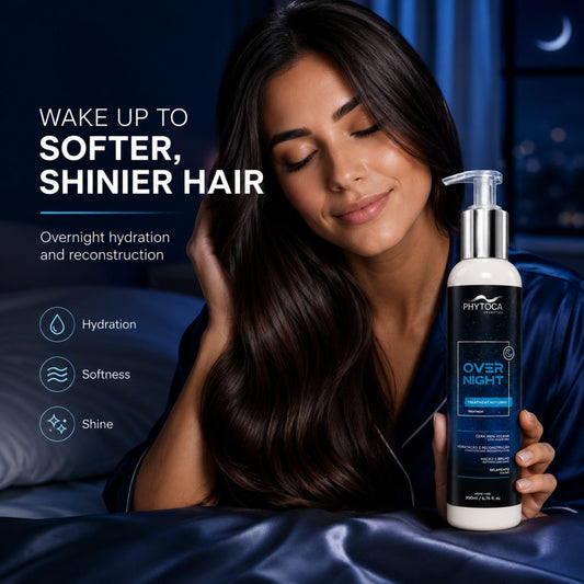 Mujer con cabello brillante sosteniendo el tratamiento nocturno Phytoca USA para hidratación y reparación capilar