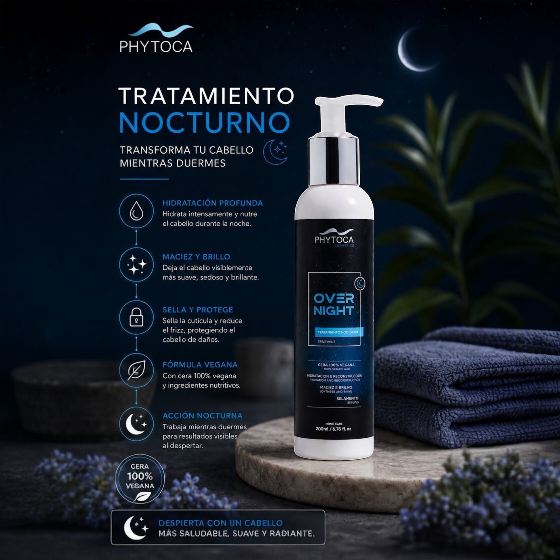 Tratamiento nocturno capilar Phytoca USA en envase con dosificador sobre base de piedra con toalla y flores