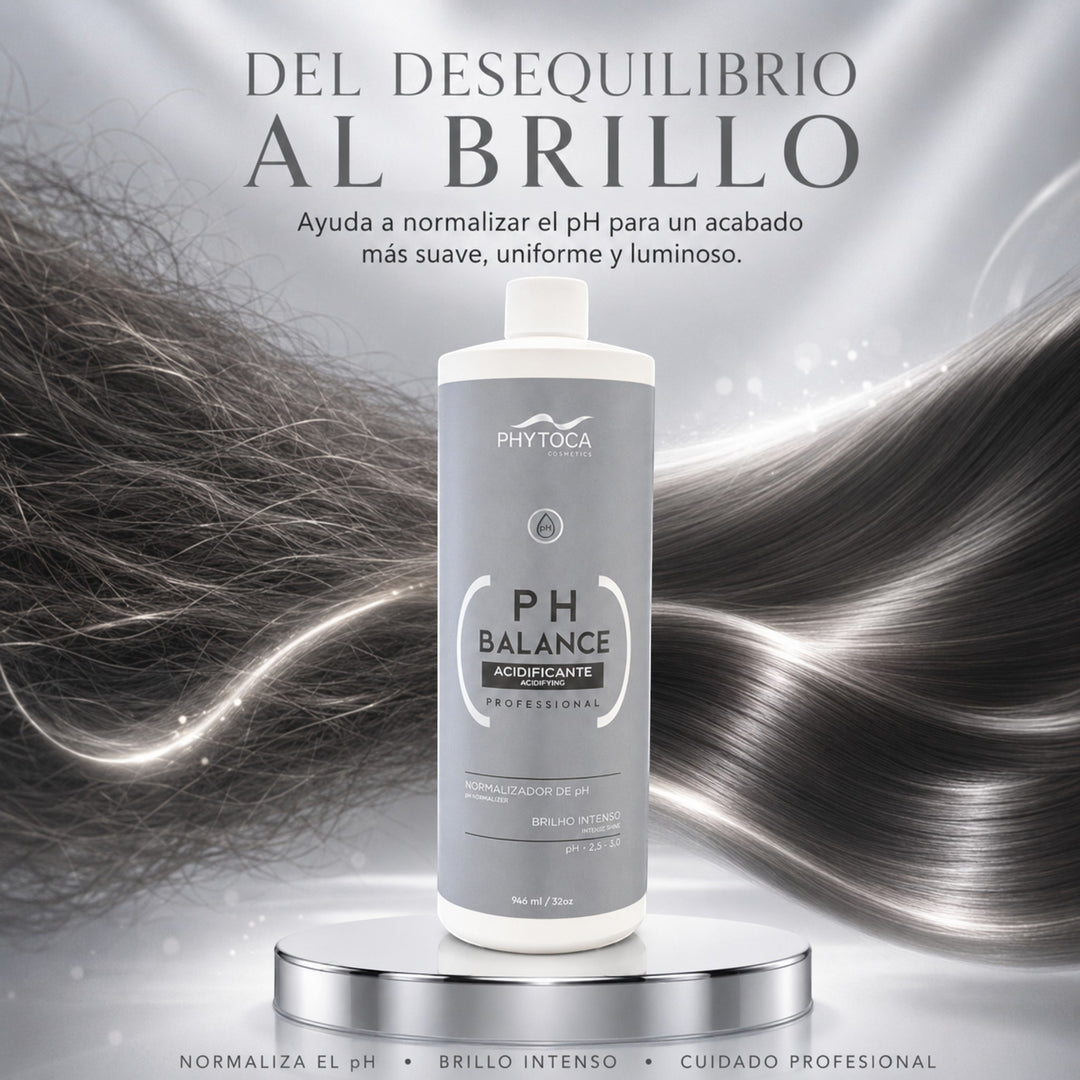 Tratamiento capilar Phytoca USA PH Balance en botella gris sobre podio, ideal para sellar cutículas y dar brillo.